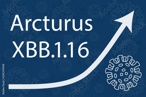 A new Omicron subvariant XBB.1.16, nicknamed Arcturus. The arrow indicates a dramatic increase in disease. White text on dark blue background with images of the coronavirus.