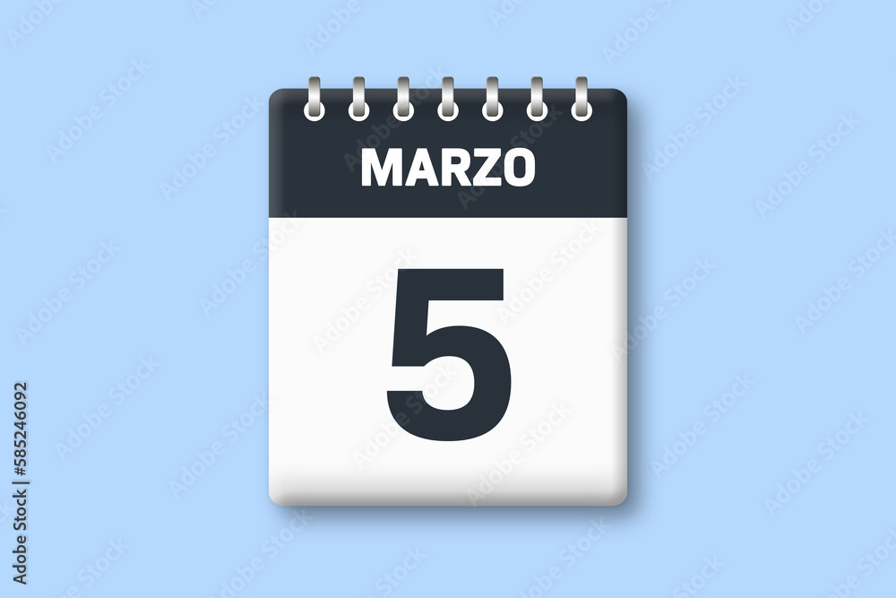 5 de marzo - fecha calendario pagina calendario - quinto dia de marzo sobre fondo azul 5 de marzo - fecha calendario pagina calendario - quinto dia de marzo sobre fondo azul