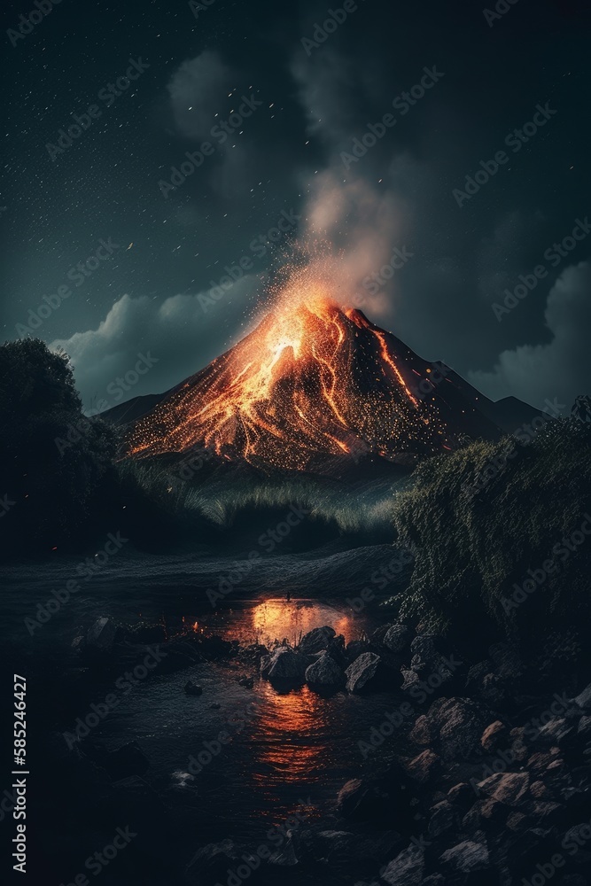 An erupting volcano with lava, at night. Generative AI.