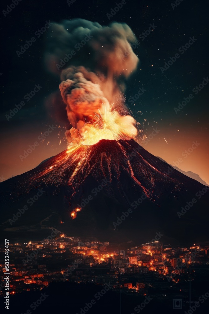 An erupting volcano with lava, at night. Generative AI.