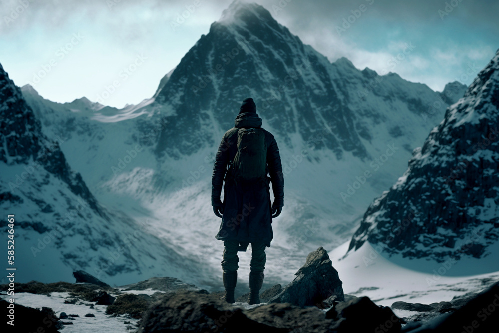 Vertical shot of strong man against the big mountains, standing alone at difficult choices Generative AI Vertical shot of strong man against the big mountains, standing alone at difficult choices Generative AI