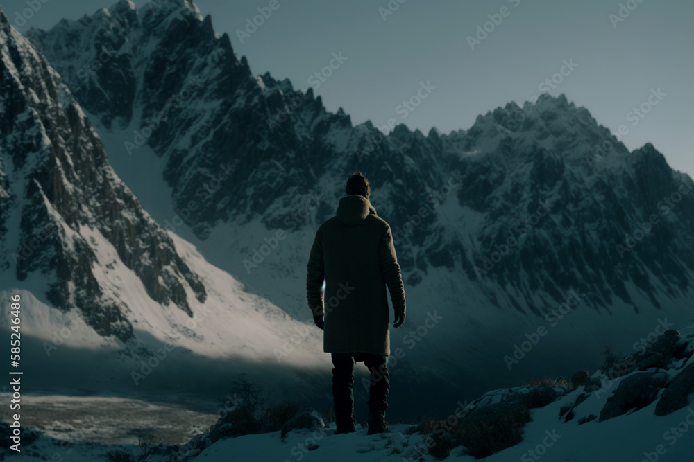 Vertical shot of strong man against the big mountains, standing alone at difficult choices  Generative AI