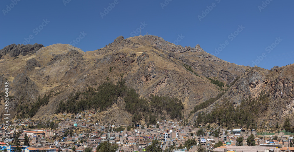 HUANCAVELICA, PERU - JULY 22, 2022: Panoramic view of the San Antonio mountain located in the city of Huancavelica.