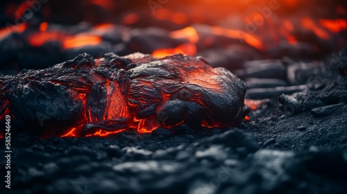 A close up of an erupting volcano's lava, at night. Generative AI.