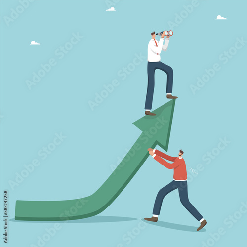 Teamwork, cooperation to achieve greater success or result, joint business development plans, common strategy to achieve goals, one man holds an arrow, and the second looks from it through binoculars.