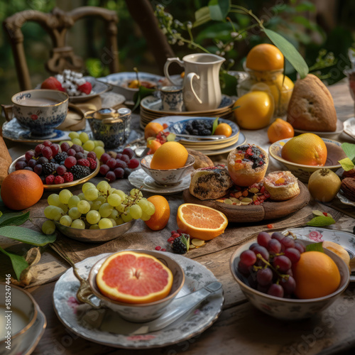 Fruit Salad Breakfast-Various Fruits on a Table in A Garden-Generative AI