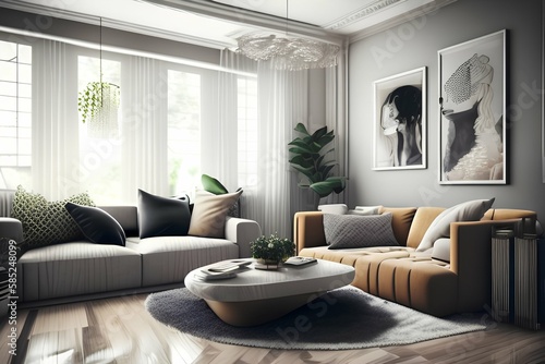 Interior design of cozy living room with stylish sofa, coffee table, carpet, decoration, pillow, in modern home decor. Template - generative ai  © unalcreative