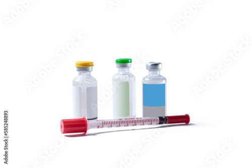 Vaccine vials and syringe isolated on white background. Coronavirus Vaccine.