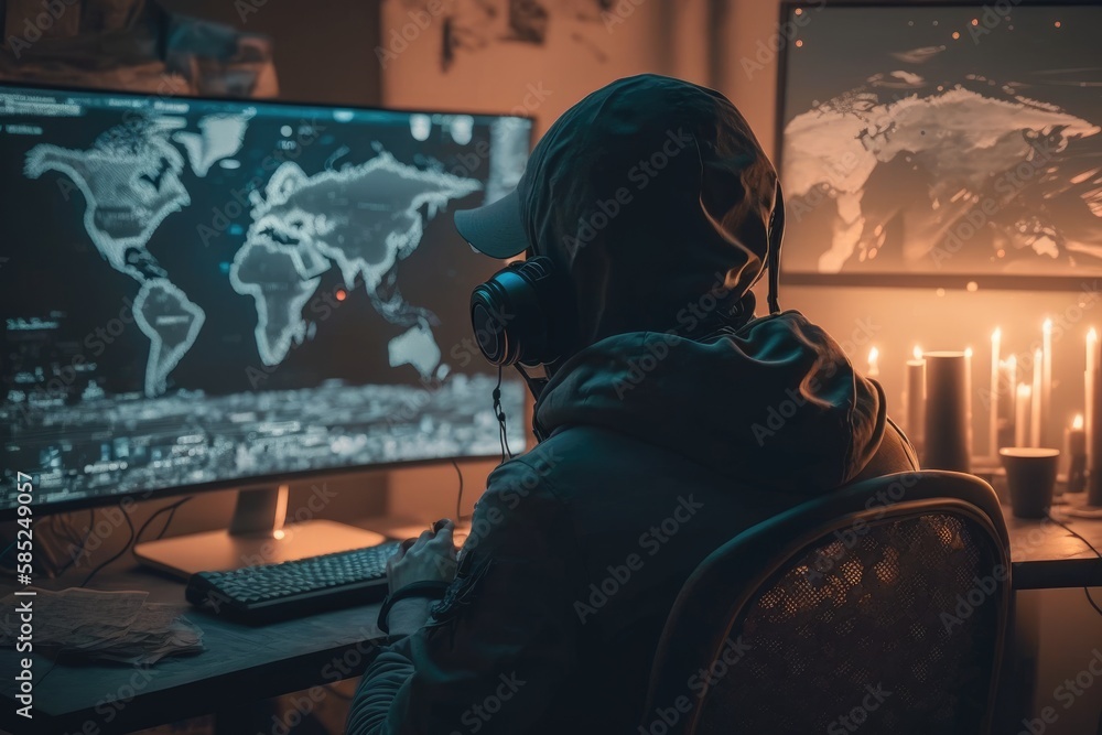 Man wearing headset sitting in front of the computer and being involved at the game Generative AI Man wearing headset sitting in front of the computer and being involved at the game Generative AI