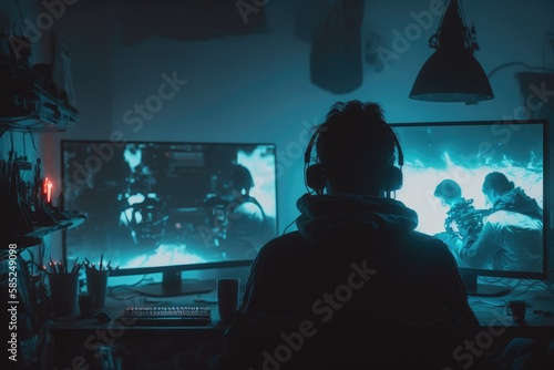 Man wearing headset sitting in front of the computer and being involved at the game Generative AI