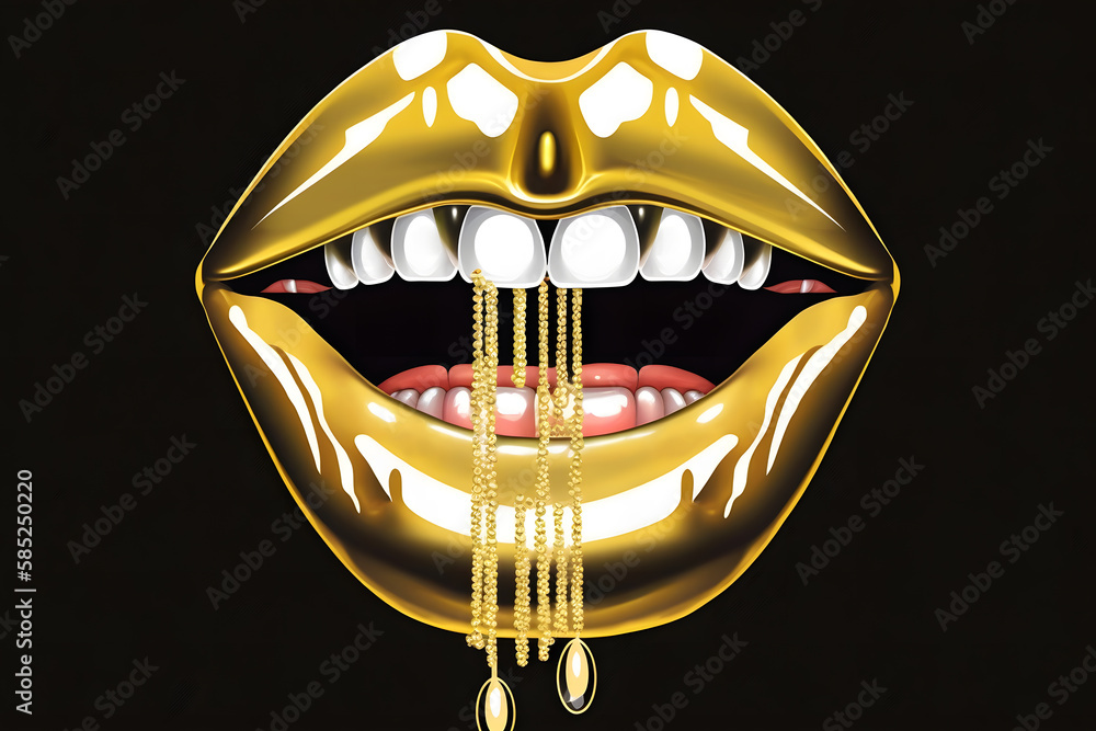 Gold Paint from the lips. Golden lips on beautiful model girls mouth