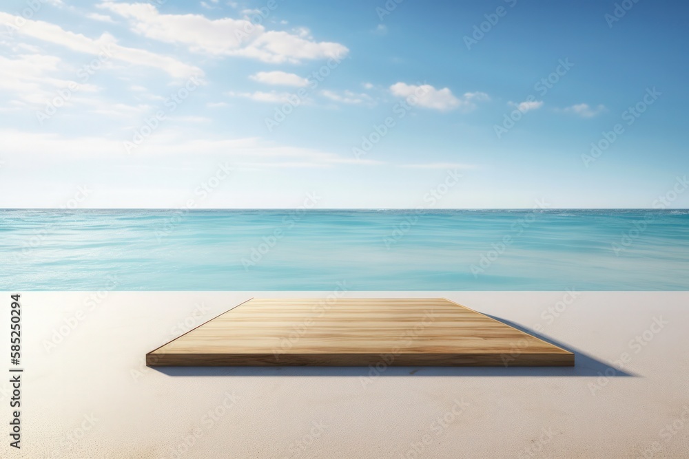 Empty Wooden Platform on Serene Beach with Majestic Mountains and Fluffy Clouds - Minimalist 3D Render for Luxurious and Sophisticated Product Showcase in Natural Setting.