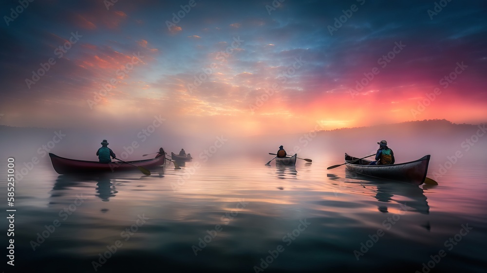 A scenic view of several canoe boats with travellers passing by, the long exposure creating polished water and flying pink and orange feather clouds in the sky. AI Generative.