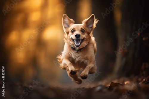 A Silly and Endearing Image of a Mischievous Dog Mid-Jump in Whimsical World - High-Resolution Photograph Capturing Playful Canine Personality