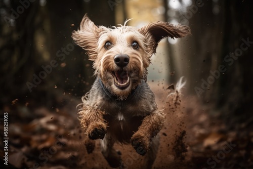 A Silly and Endearing Image of a Mischievous Dog Mid-Jump in Whimsical World - High-Resolution Photograph Capturing Playful Canine Personality © Georg Lösch