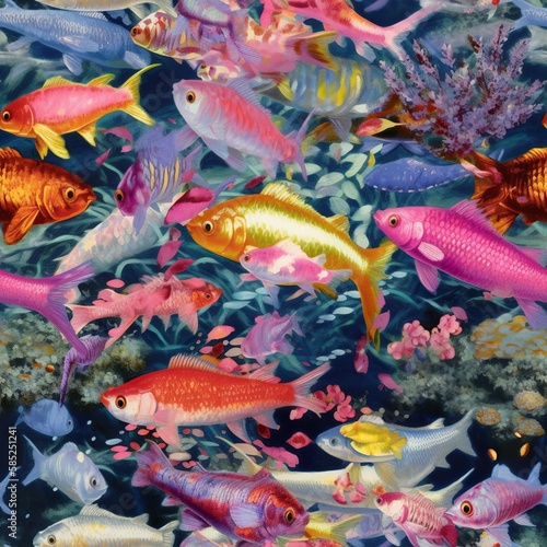 Seamless background with various fish species, vibrant metallic colors, AI generative watercolor background © Friedbert