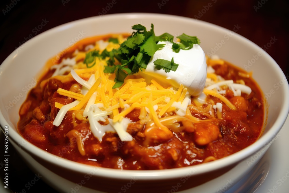 A hearty bowl of steaming hot chili, topped with shredded cheese, sour cream, and a handful of fresh cilantro - made with Ai A hearty bowl of steaming hot chili, topped with shredded cheese, sour cream, and a handful of fresh cilantro - made with Ai