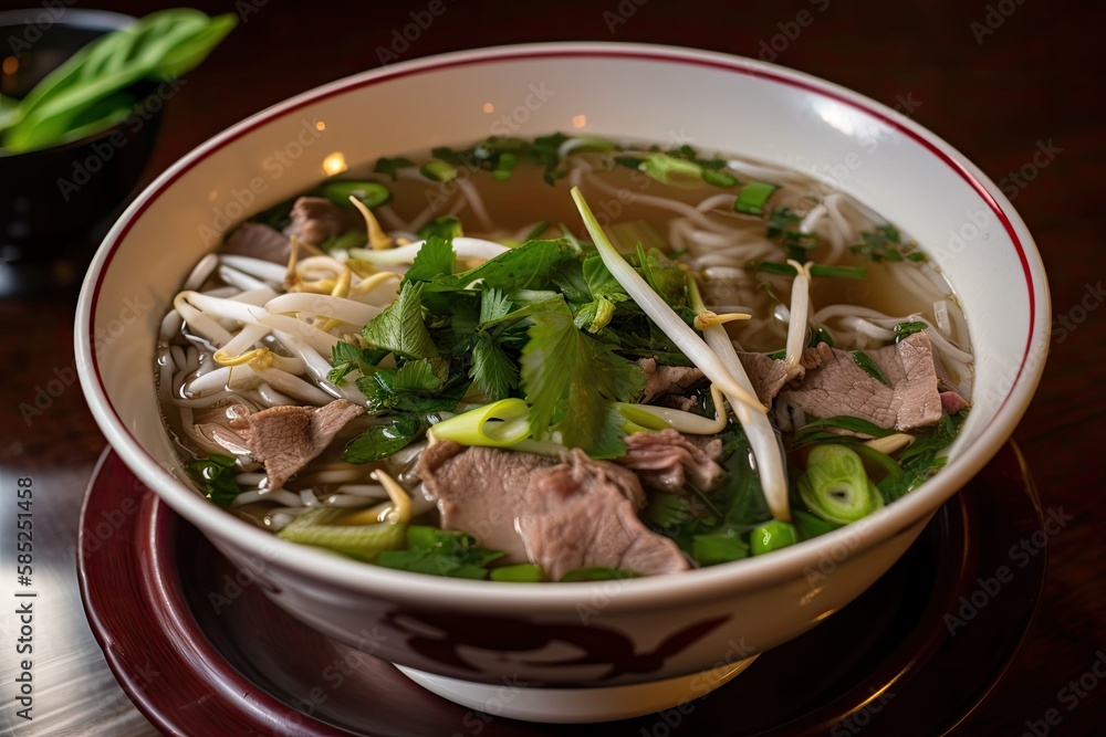 A piping hot bowl of pho, with thin slices of rare beef, rice noodles, bean sprouts, and fresh herbs floating in a fragrant broth - made with Ai A piping hot bowl of pho, with thin slices of rare beef, rice noodles, bean sprouts, and fresh herbs floating in a fragrant broth - made with Ai