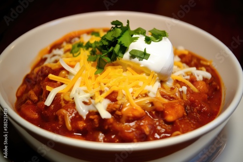 A hearty bowl of steaming hot chili, topped with shredded cheese, sour cream, and a handful of fresh cilantro - made with Ai