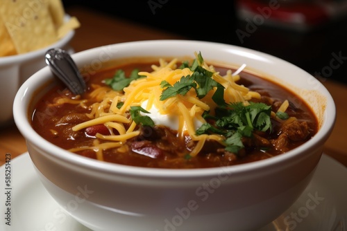 A hearty bowl of steaming hot chili, topped with shredded cheese, sour cream, and a handful of fresh cilantro - made with Ai