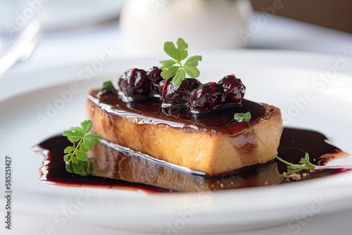 A luxurious plate of seared foie gras, drizzled with sweet port wine reduction and served with a side of toasted brioche - made with Ai