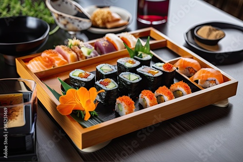 A plate of mouth - watering sushi with a variety of different rolls, from classic California rolls to more exotic options like spicy tuna and dragon rolls - made with AI