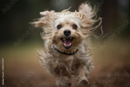A Silly and Endearing Image of a Mischievous Dog Mid-Jump in Whimsical World