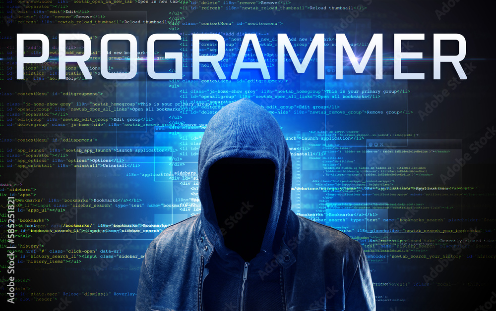 Faceless hacker on code background Faceless hacker on code background