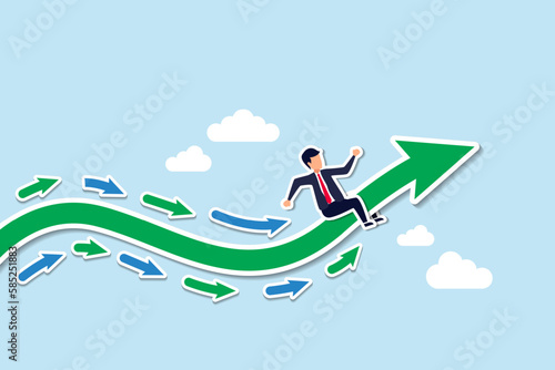 Business trend, initiative thinking to be different and lead to success, trend setter or leadership to follow, leading direction concept, businessman riding trend arrow followed by small followers