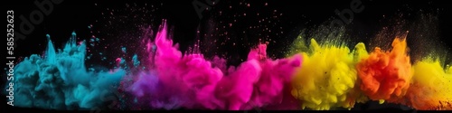 Panoramic banner with holi powder explosions, vibrant colors, multicolor powder, abstract AI generative panorama