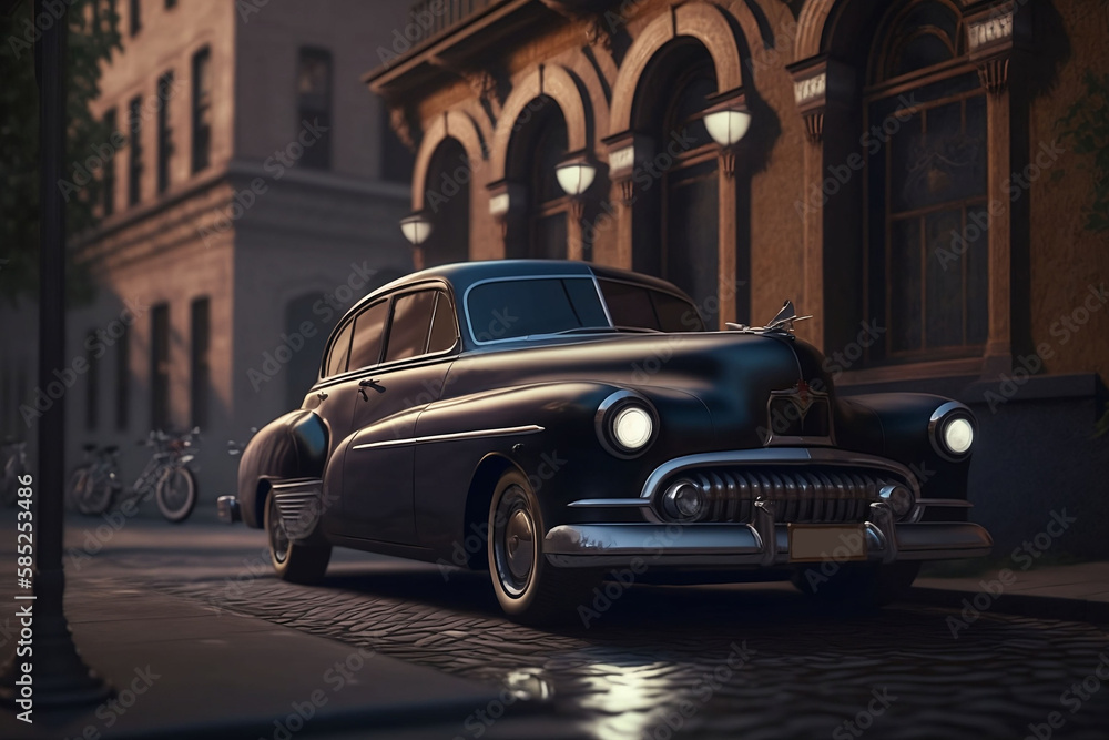 Photorealistic classic car on the evening street, generative AI
