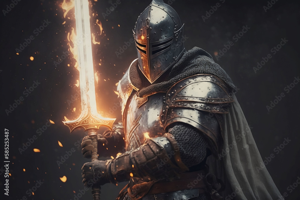 An ancient knight of light fighting against darkness with a flaming sword - obrazy, fototapety, plakaty 