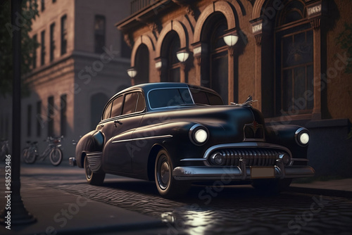 Photorealistic classic car on the evening street, generative AI