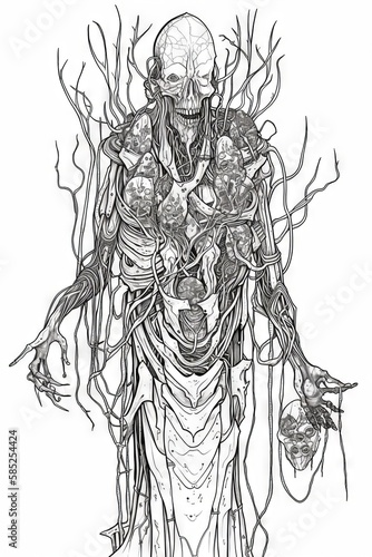 A monochrome sketch type digital illustration of a horror demon undead creature. Generative AI. 