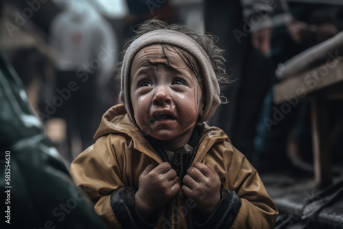 A fictional person, Innocence Amidst Chaos: A Heart-Wrenching Photo of a Toddler in a Warzone, Generative AI