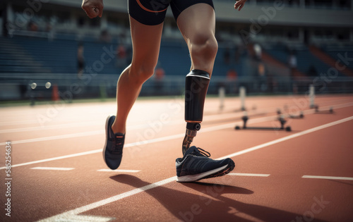 Close up of a disabled person with a prosthetic leg exercising on a sports track. Generative ai © ink drop