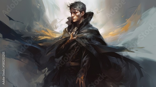 A loose painterly styled digital illustration of a male fantasy hero of villain, with magic powers. Generative AI. 