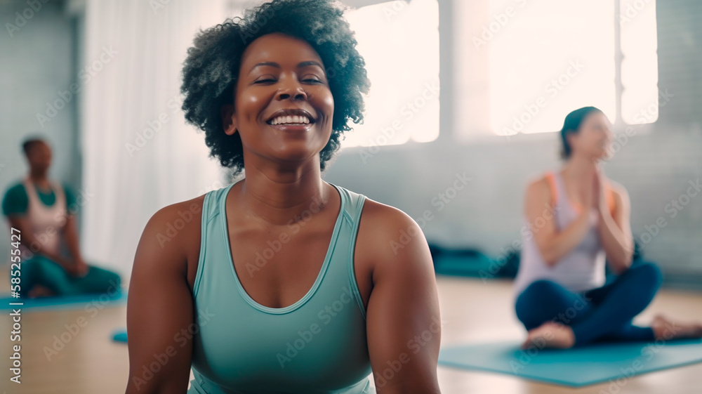 Black mature woman in yoga class. Generative AI - obrazy, fototapety, plakaty 