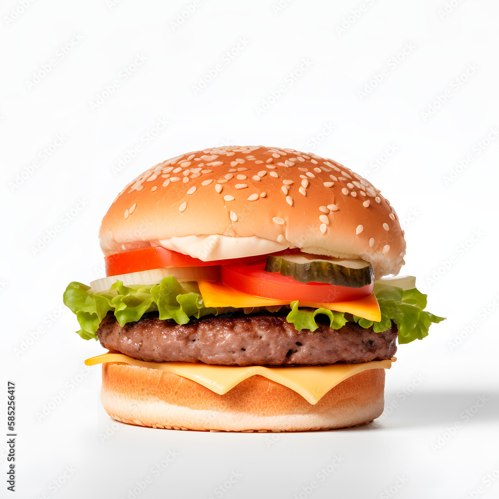 Delicious hamburger with cheese and salad. Generative AI Delicious hamburger with cheese and salad. Generative AI