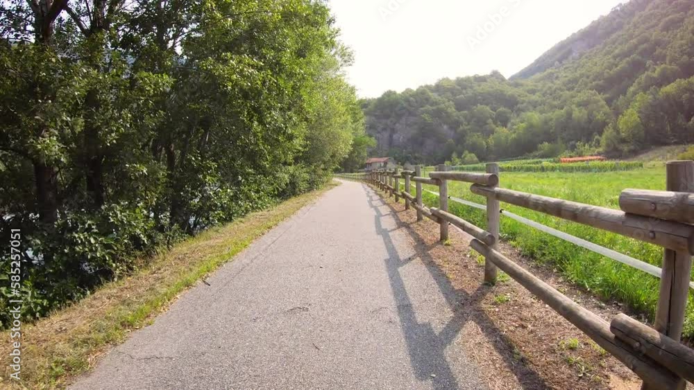 Via Francigena - Dora Baltea route next to Chambave, Aosta Valley, Italy - August 2021 Via Francigena - Dora Baltea route next to Chambave, Aosta Valley, Italy - August 2021