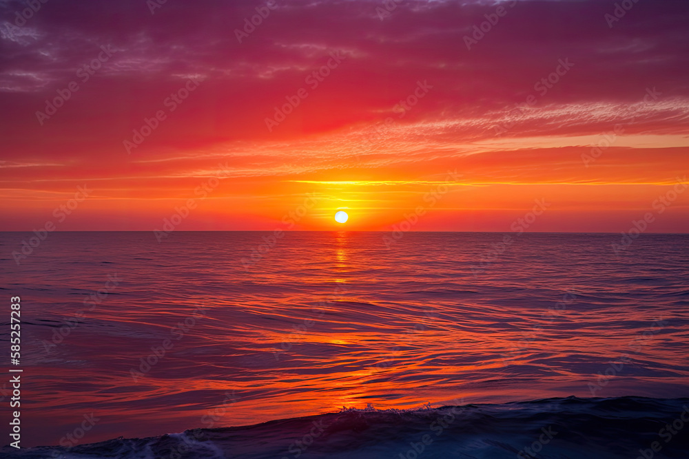 A vibrant sunset over the ocean, with fiery oranges, pinks, and purples painting the sky - made with AI