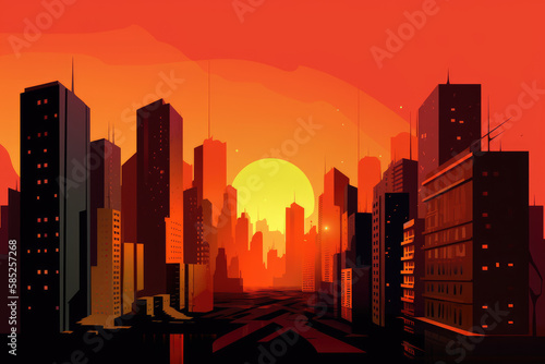 A dynamic sunset over a cityscape  with the sun setting behind the towering skyscrapers and casting long shadows across the streets - made with Ai