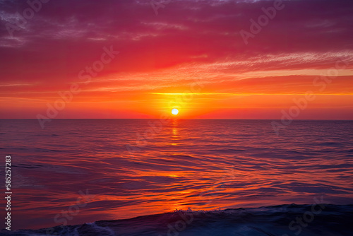 A vibrant sunset over the ocean, with fiery oranges, pinks, and purples painting the sky - made with AI
