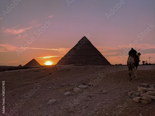 Camel rider and perfect sunset between the great pyramid of Giza  Egypt.