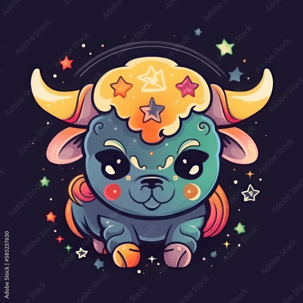 Fototapeta premium Kawaii Zodiac Sign Taurus on Black Background. Best For T-shirt Design. Generative AI
