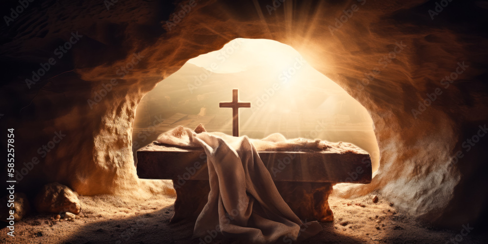 Tomb Empty With Shroud And Crucifixion At Sunrise. Resurrection Of Jesus Christ. AI generated