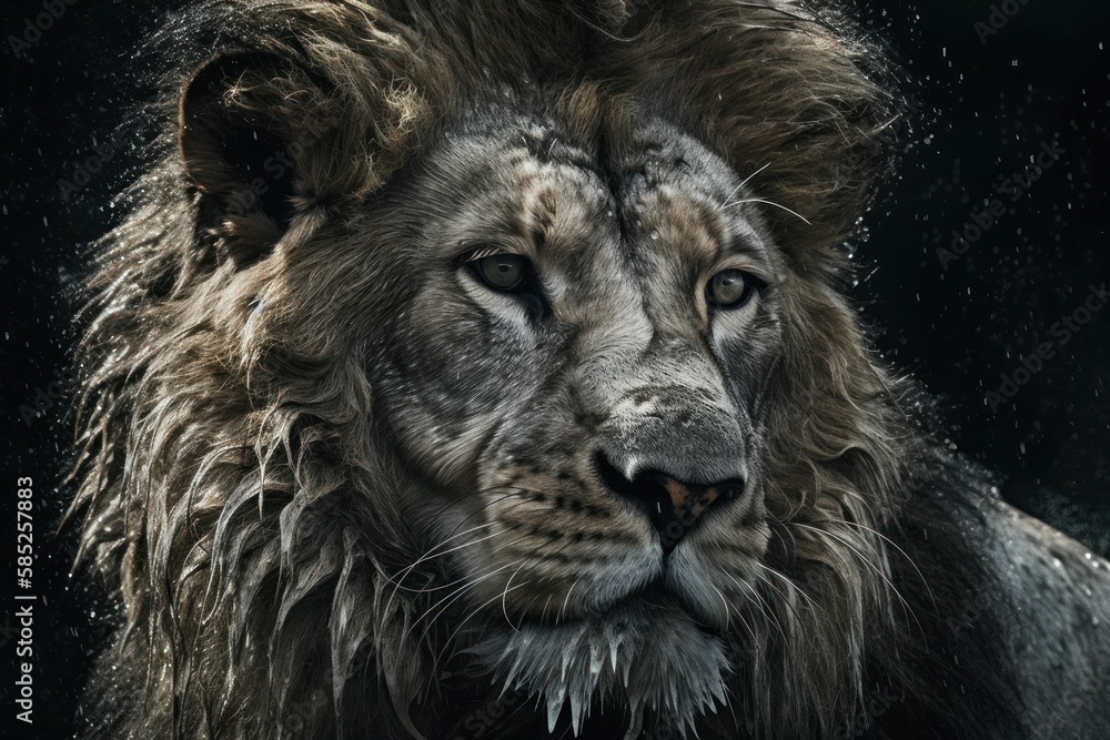 Wet lion in the rain close-up. AI generated, human enhanced