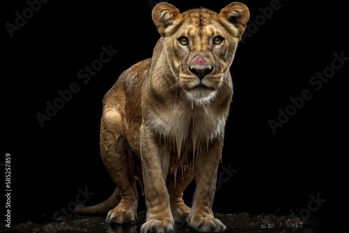 Wet lioness after the rain on a black background. AI generated  human enhanced