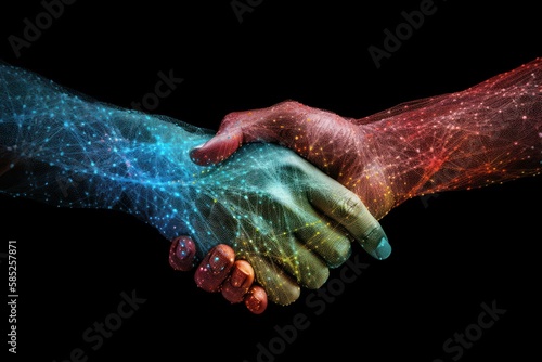 Visualization of virtual shaking hands. Handshake deal symbol. Business concept. AI generated, human enhanced © top images