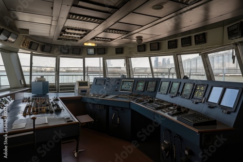 Wheelhouse control board on a large ship / vessel, generative ai © MVProductions